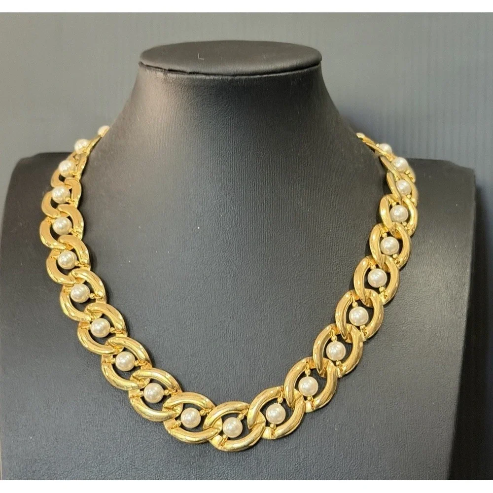 Vintage Gold Tone Imitation Caged Pearl Link Necklace Chunky Collar Necklace